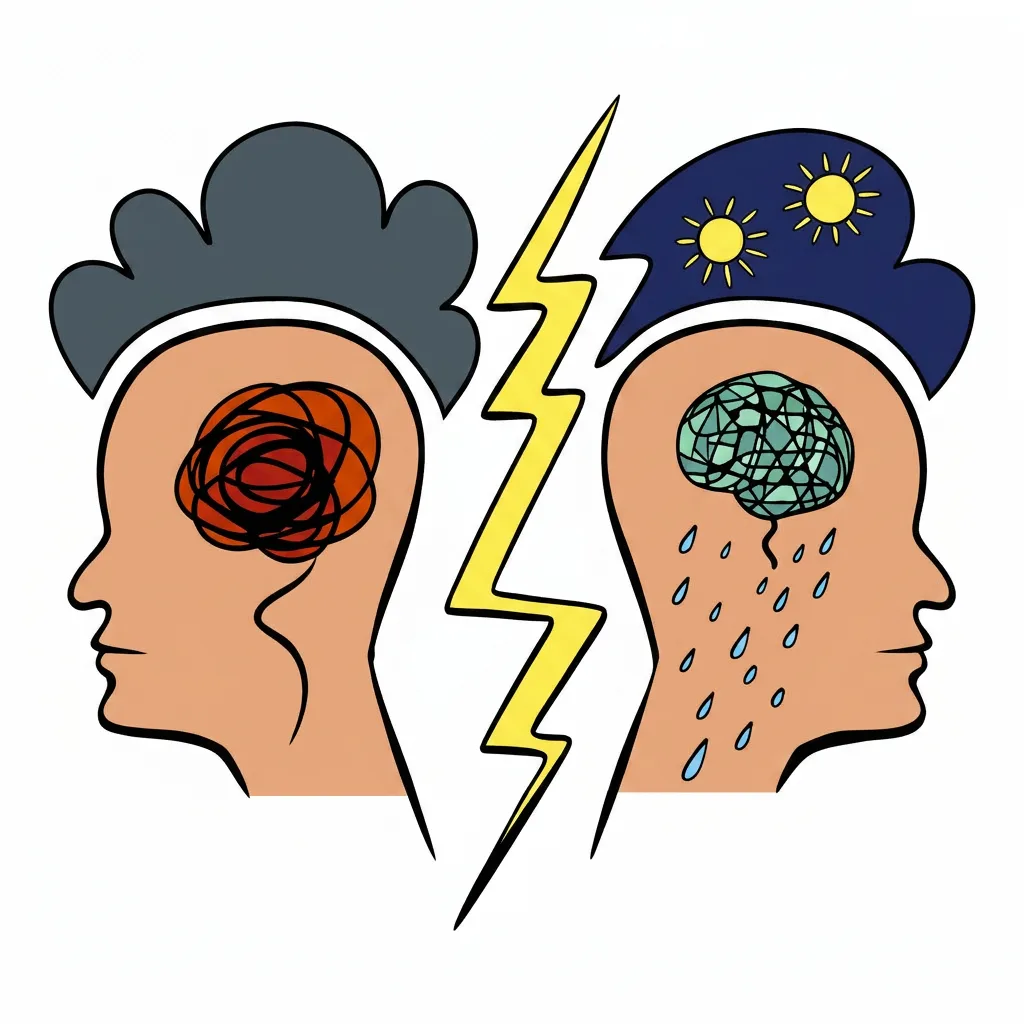 Ilustração de dois perfis de cabeça: um sob cabelo tempestuoso com pensamentos emaranhados em vermelho, o outro sob um gorro azul estrelado com um cérebro calmo em verde-água.