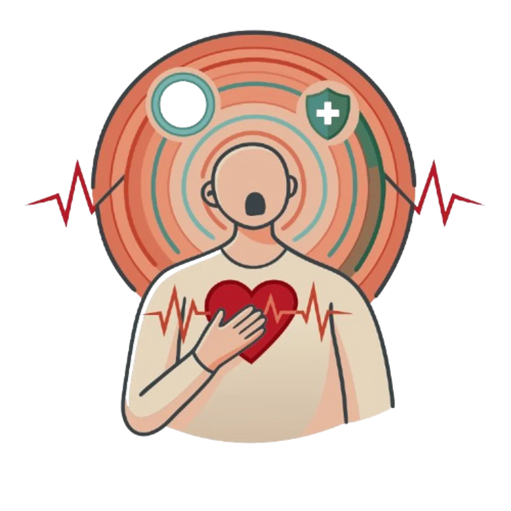 Ilustração de pessoa segurando o peito, com ondas concêntricas ao redor sugerindo batimentos acelerados.